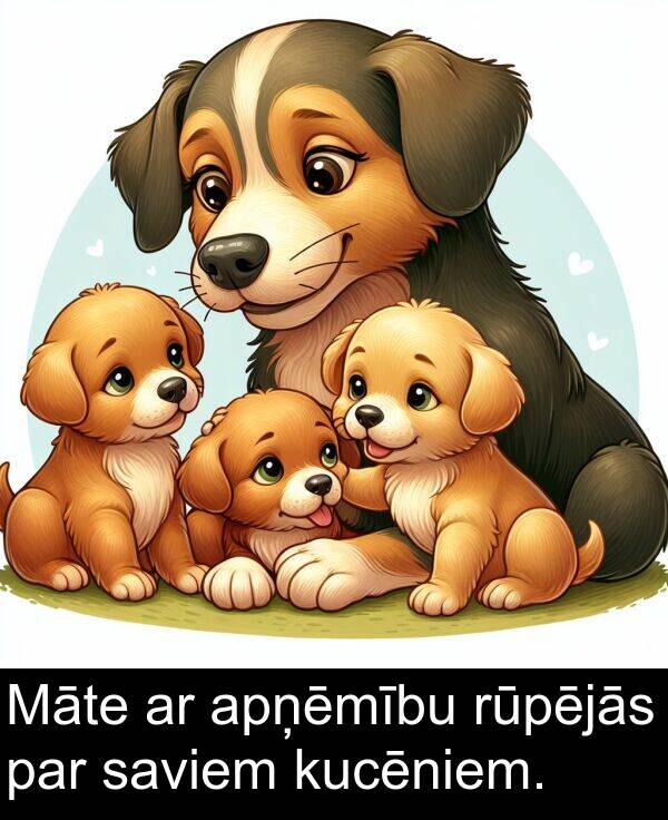 kucēniem: Māte ar apņēmību rūpējās par saviem kucēniem.