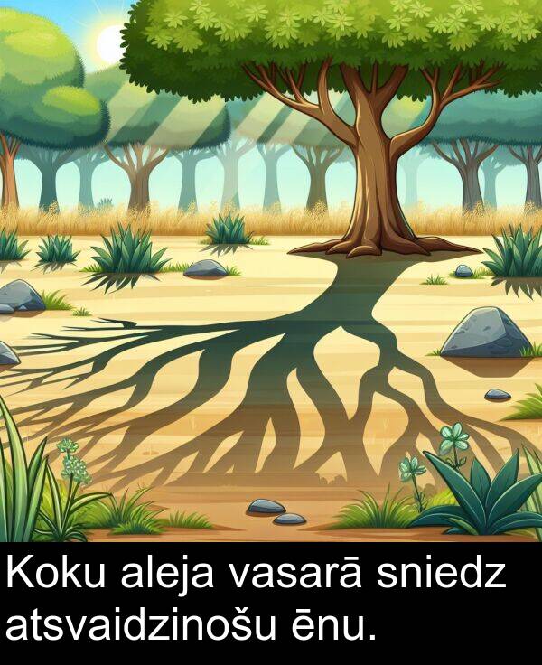 ēnu: Koku aleja vasarā sniedz atsvaidzinošu ēnu.