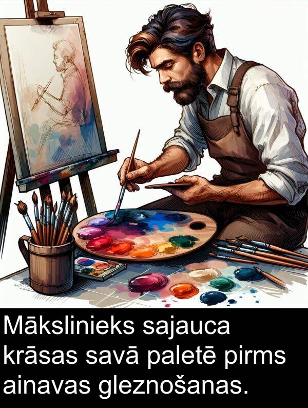 krāsas: Mākslinieks sajauca krāsas savā paletē pirms ainavas gleznošanas.
