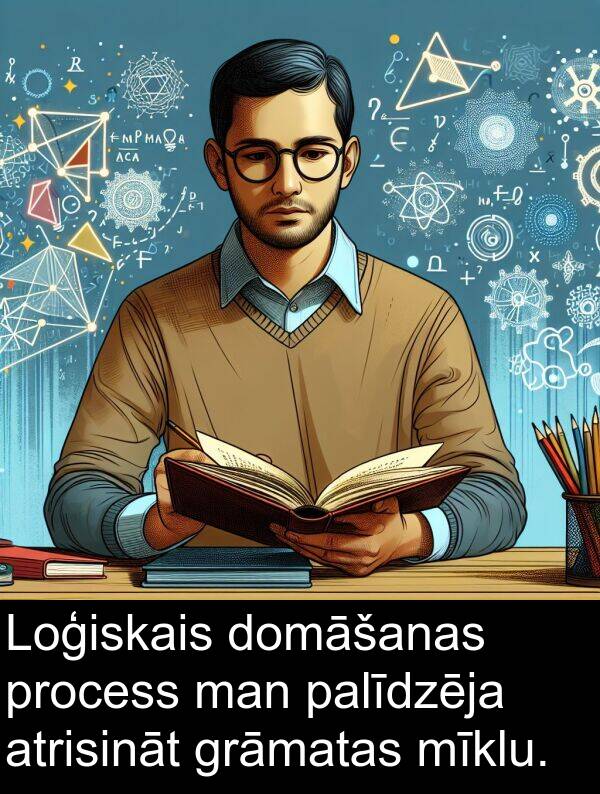 atrisināt: Loģiskais domāšanas process man palīdzēja atrisināt grāmatas mīklu.