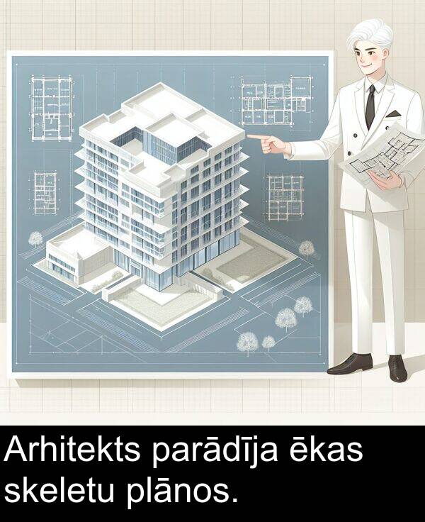 plānos: Arhitekts parādīja ēkas skeletu plānos.