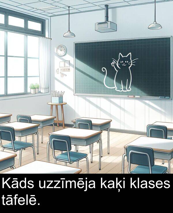 kaķi: Kāds uzzīmēja kaķi klases tāfelē.