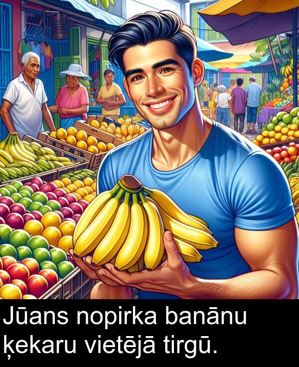 ķekaru: Jūans nopirka banānu ķekaru vietējā tirgū.