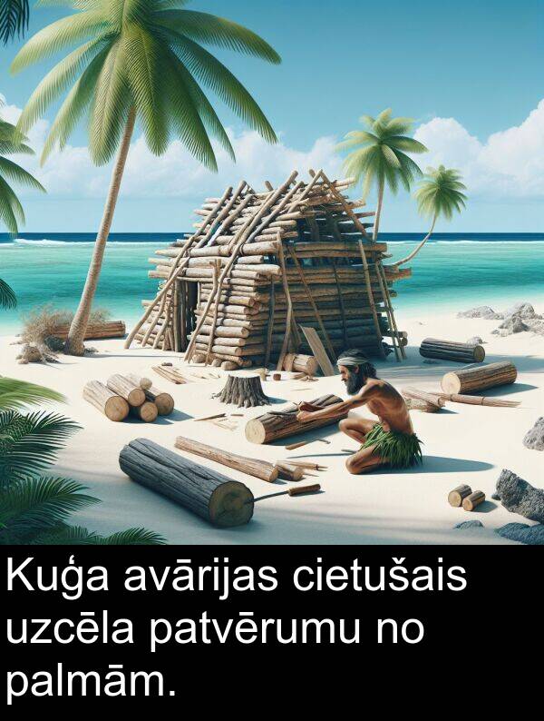 uzcēla: Kuģa avārijas cietušais uzcēla patvērumu no palmām.