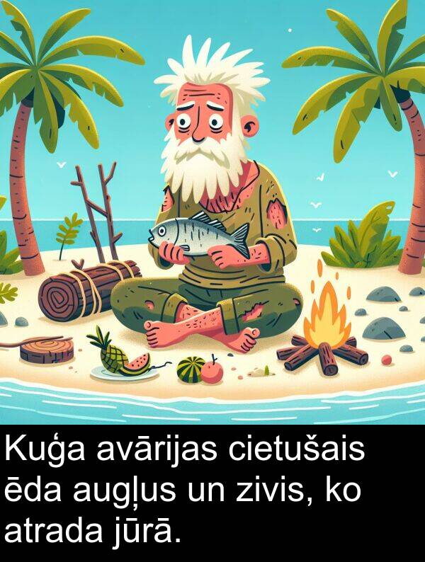 ēda: Kuģa avārijas cietušais ēda augļus un zivis, ko atrada jūrā.