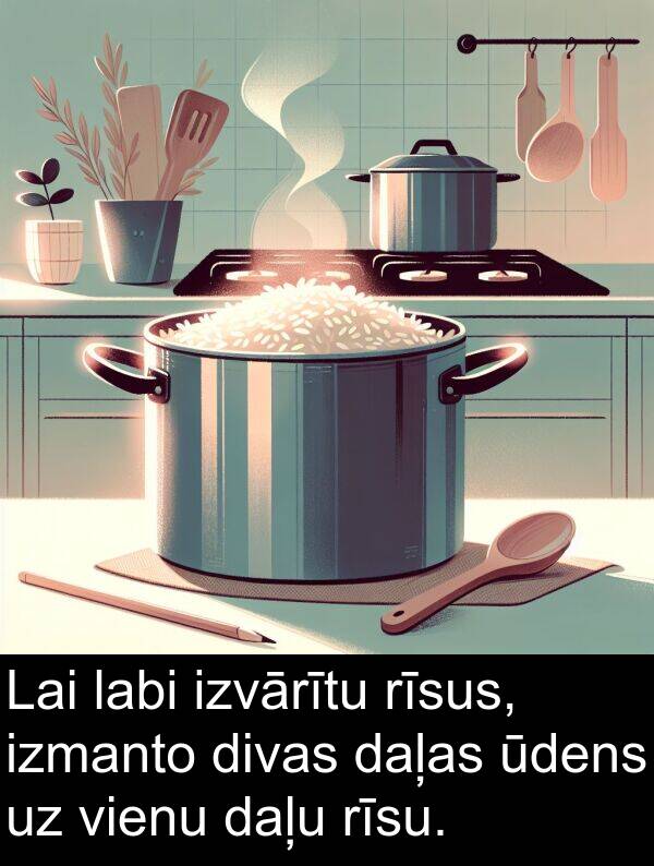 vienu: Lai labi izvārītu rīsus, izmanto divas daļas ūdens uz vienu daļu rīsu.