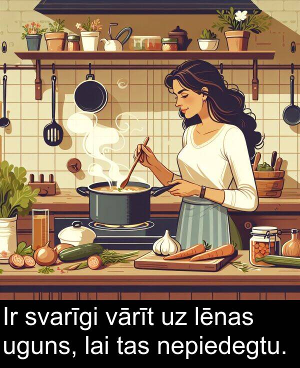 uguns: Ir svarīgi vārīt uz lēnas uguns, lai tas nepiedegtu.