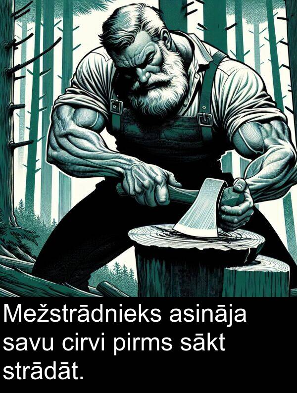 asināja: Mežstrādnieks asināja savu cirvi pirms sākt strādāt.