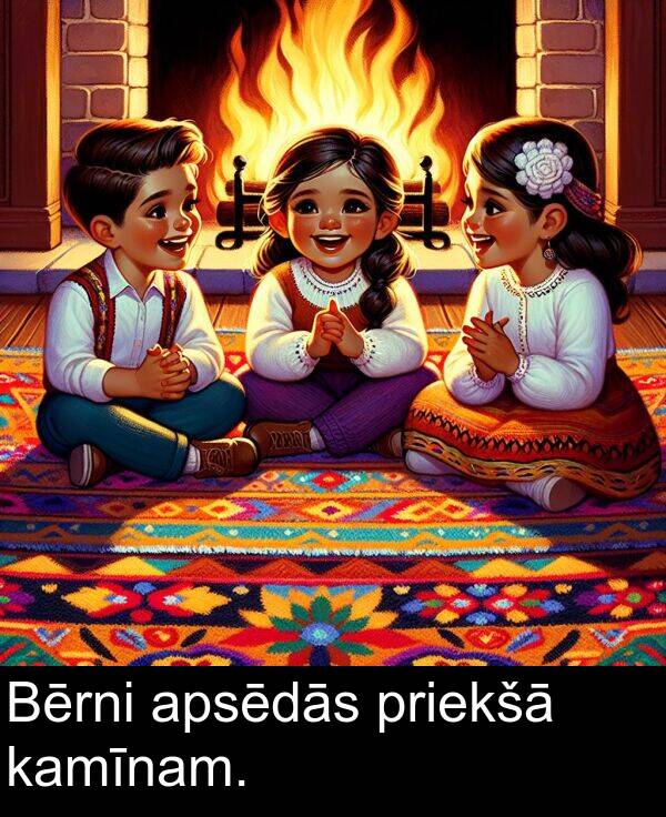 kamīnam: Bērni apsēdās priekšā kamīnam.