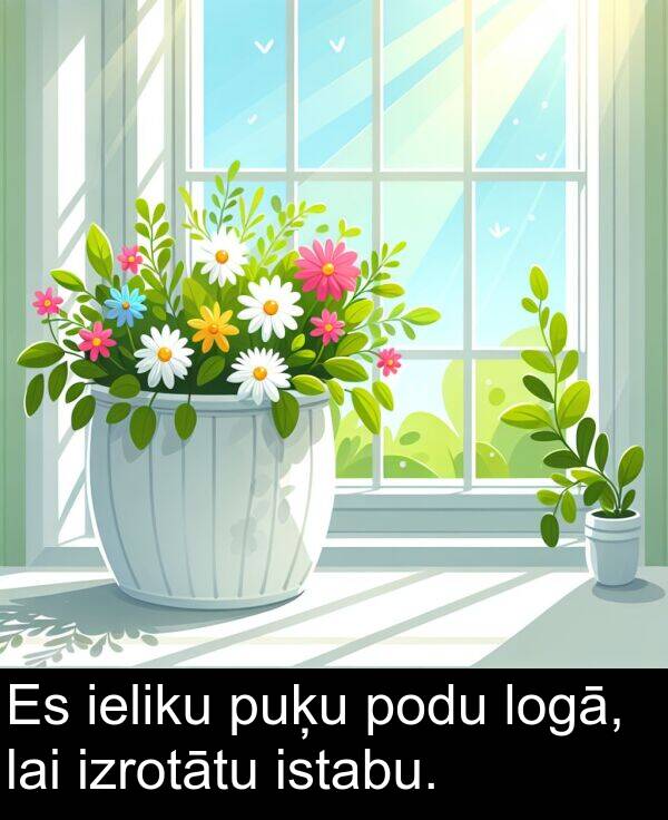 lai: Es ieliku puķu podu logā, lai izrotātu istabu.