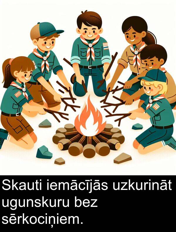 ugunskuru: Skauti iemācījās uzkurināt ugunskuru bez sērkociņiem.