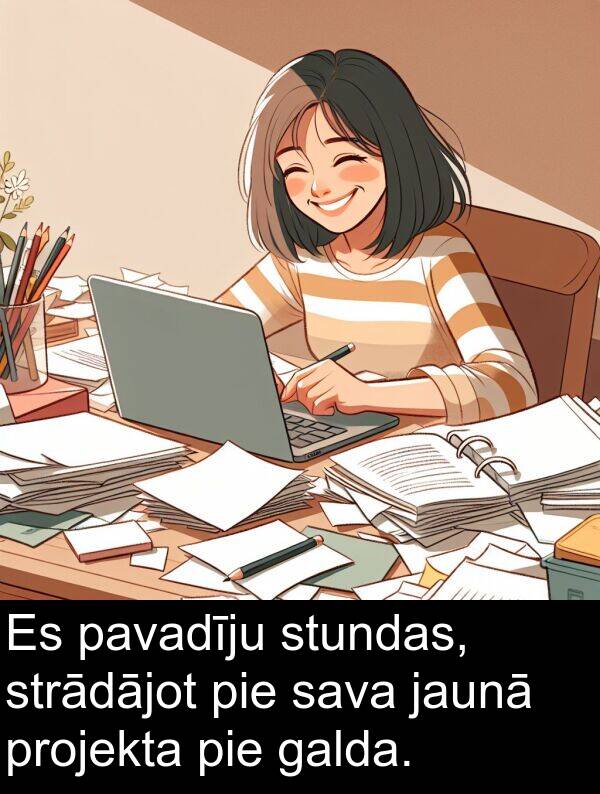strādājot: Es pavadīju stundas, strādājot pie sava jaunā projekta pie galda.