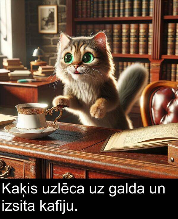 galda: Kaķis uzlēca uz galda un izsita kafiju.