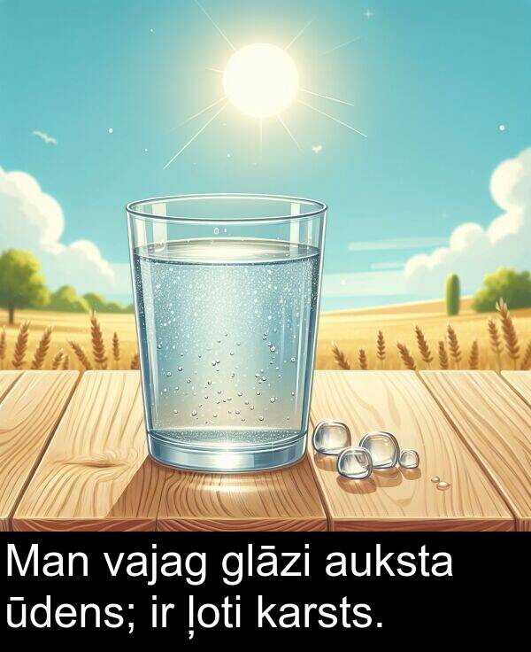 vajag: Man vajag glāzi auksta ūdens; ir ļoti karsts.