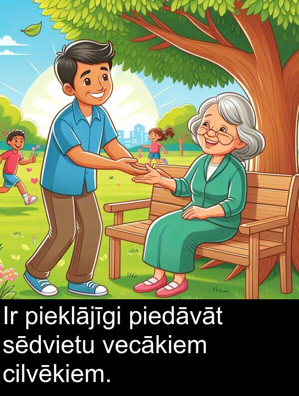 vecākiem: Ir pieklājīgi piedāvāt sēdvietu vecākiem cilvēkiem.