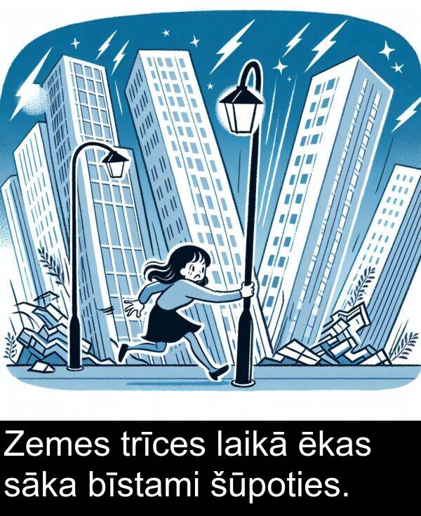 laikā: Zemes trīces laikā ēkas sāka bīstami šūpoties.