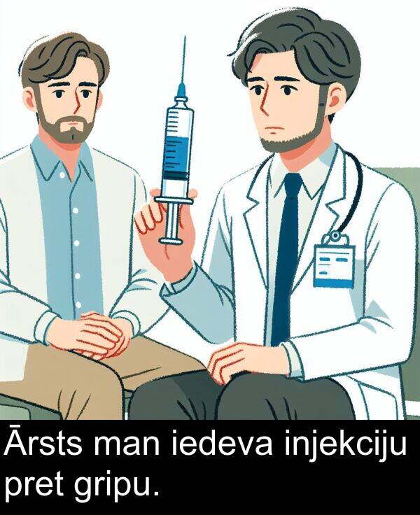 pret: Ārsts man iedeva injekciju pret gripu.