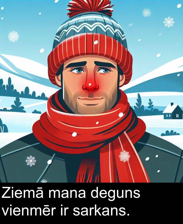 sarkans: Ziemā mana deguns vienmēr ir sarkans.