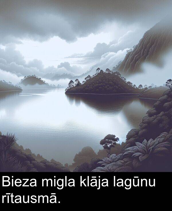 lagūnu: Bieza migla klāja lagūnu rītausmā.