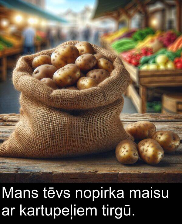 kartupeļiem: Mans tēvs nopirka maisu ar kartupeļiem tirgū.