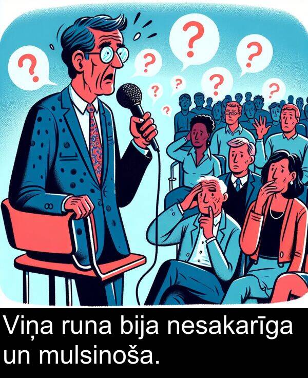 nesakarīga: Viņa runa bija nesakarīga un mulsinoša.