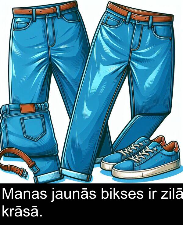 krāsā: Manas jaunās bikses ir zilā krāsā.