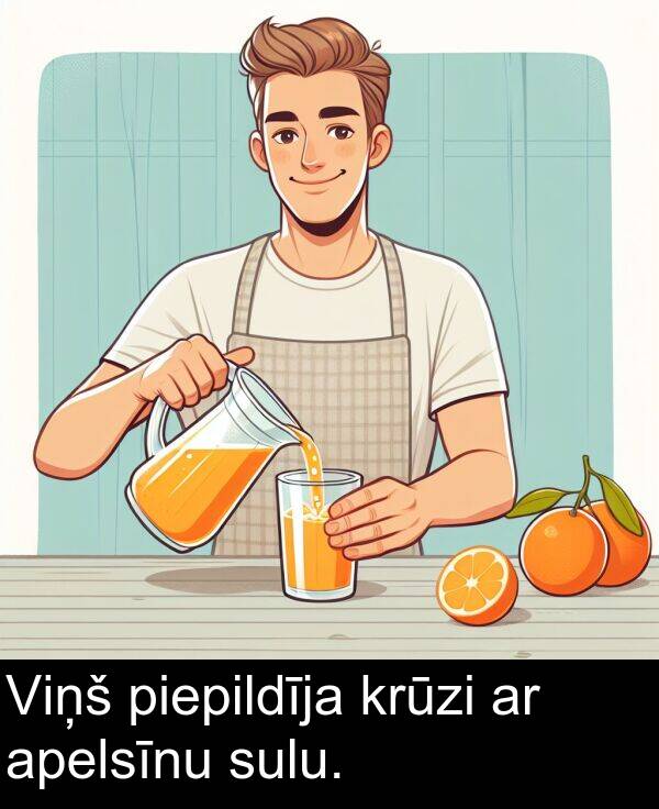 apelsīnu: Viņš piepildīja krūzi ar apelsīnu sulu.