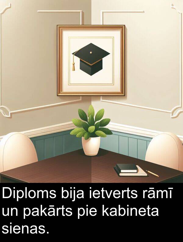 kabineta: Diploms bija ietverts rāmī un pakārts pie kabineta sienas.