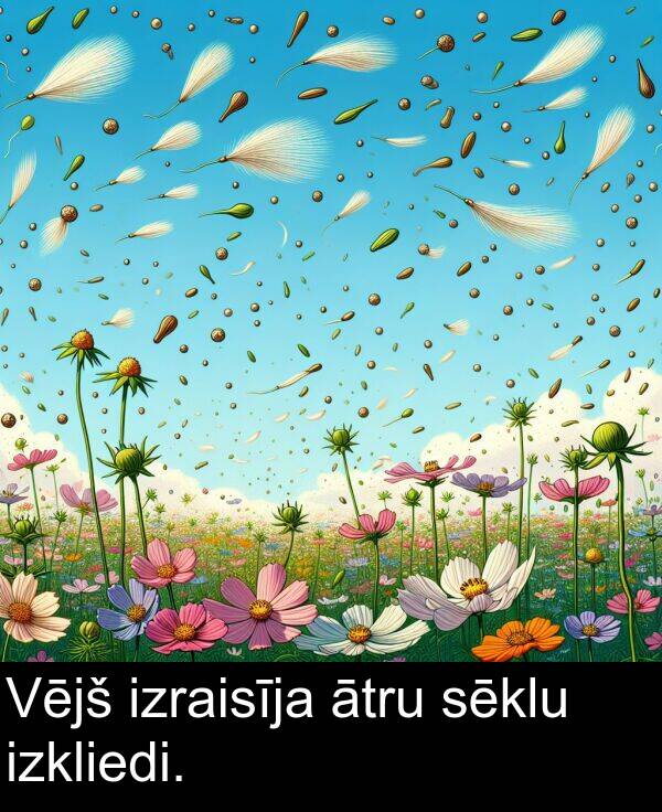 izkliedi: Vējš izraisīja ātru sēklu izkliedi.
