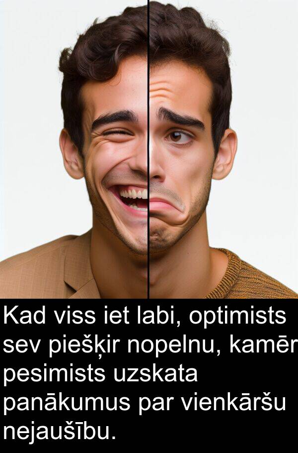 optimists: Kad viss iet labi, optimists sev piešķir nopelnu, kamēr pesimists uzskata panākumus par vienkāršu nejaušību.