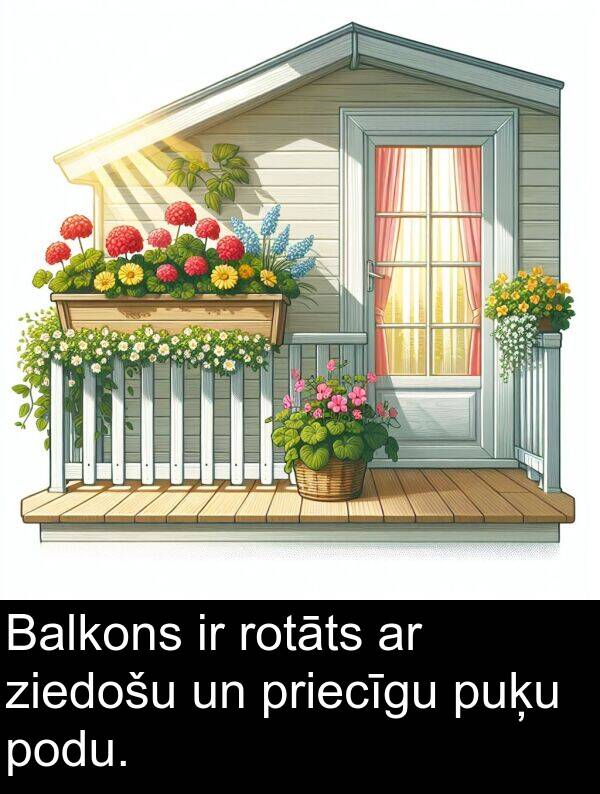 ziedošu: Balkons ir rotāts ar ziedošu un priecīgu puķu podu.
