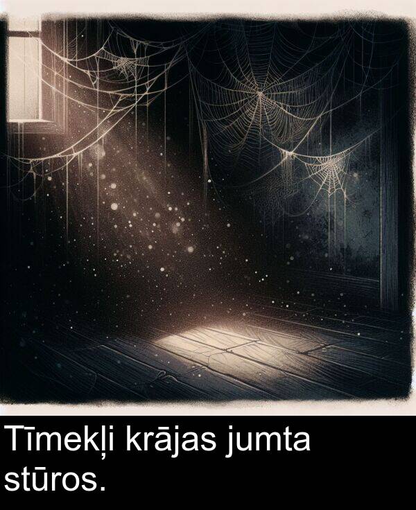 krājas: Tīmekļi krājas jumta stūros.