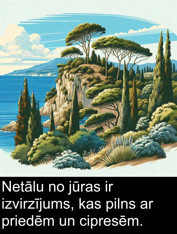 cipresēm: Netālu no jūras ir izvirzījums, kas pilns ar priedēm un cipresēm.
