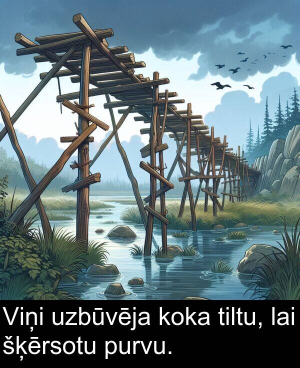 koka: Viņi uzbūvēja koka tiltu, lai šķērsotu purvu.