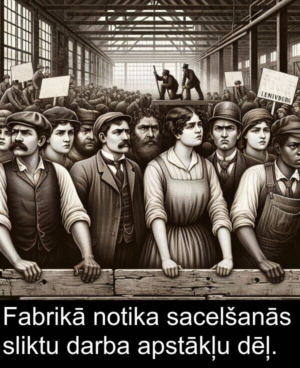 sacelšanās: Fabrikā notika sacelšanās sliktu darba apstākļu dēļ.