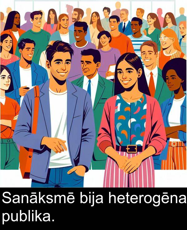 heterogēna: Sanāksmē bija heterogēna publika.