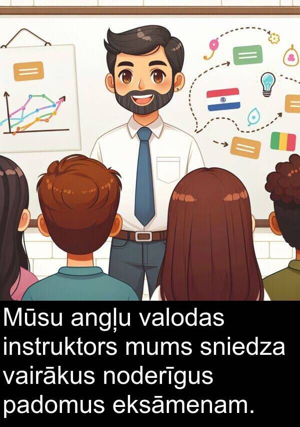 vairākus: Mūsu angļu valodas instruktors mums sniedza vairākus noderīgus padomus eksāmenam.