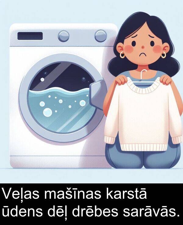 drēbes: Veļas mašīnas karstā ūdens dēļ drēbes sarāvās.