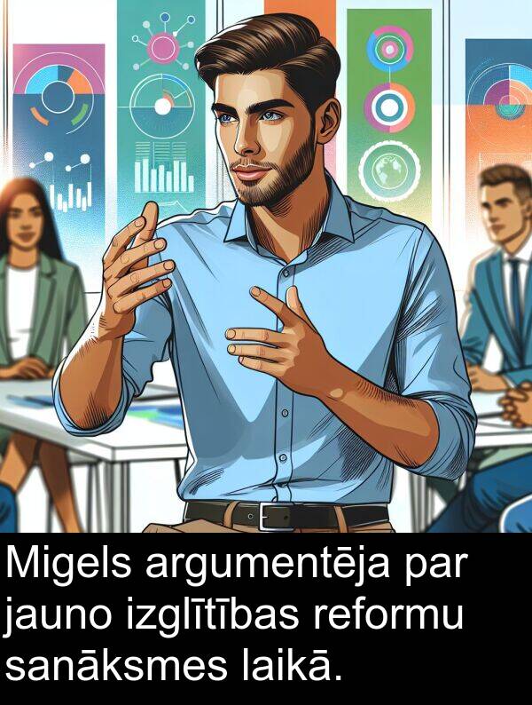 argumentēja: Migels argumentēja par jauno izglītības reformu sanāksmes laikā.