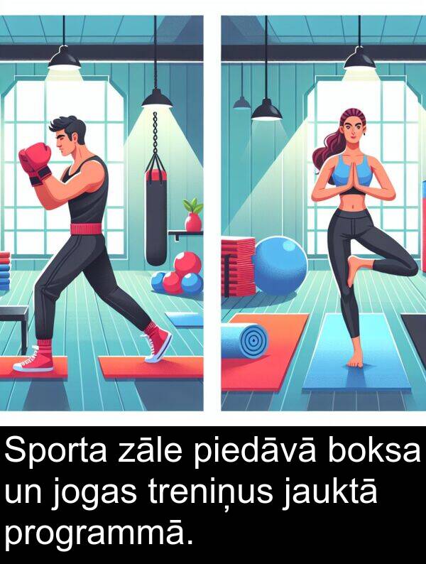 jauktā: Sporta zāle piedāvā boksa un jogas treniņus jauktā programmā.