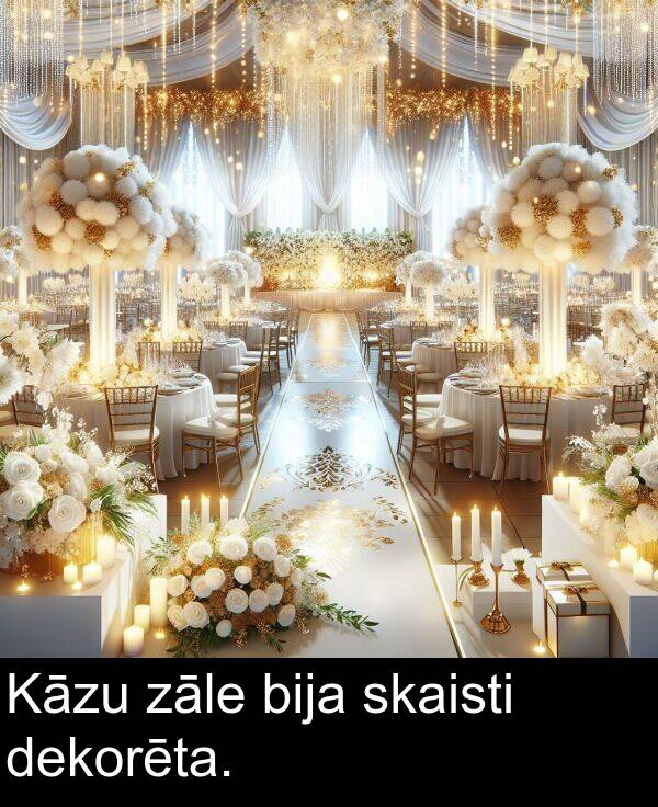 dekorēta: Kāzu zāle bija skaisti dekorēta.