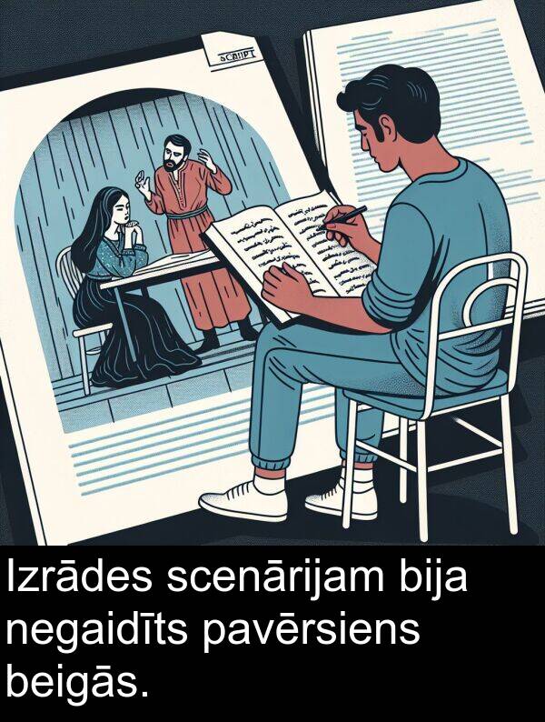 beigās: Izrādes scenārijam bija negaidīts pavērsiens beigās.
