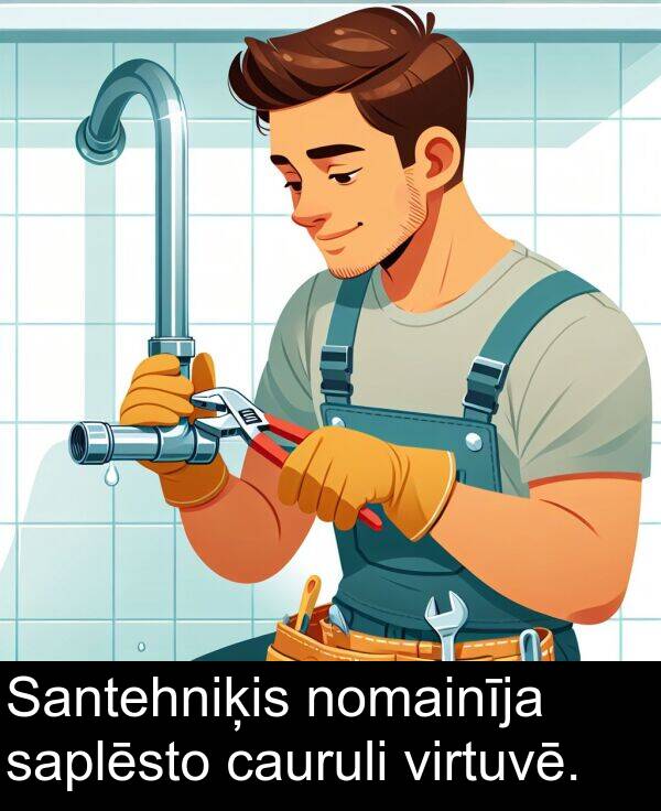 saplēsto: Santehniķis nomainīja saplēsto cauruli virtuvē.