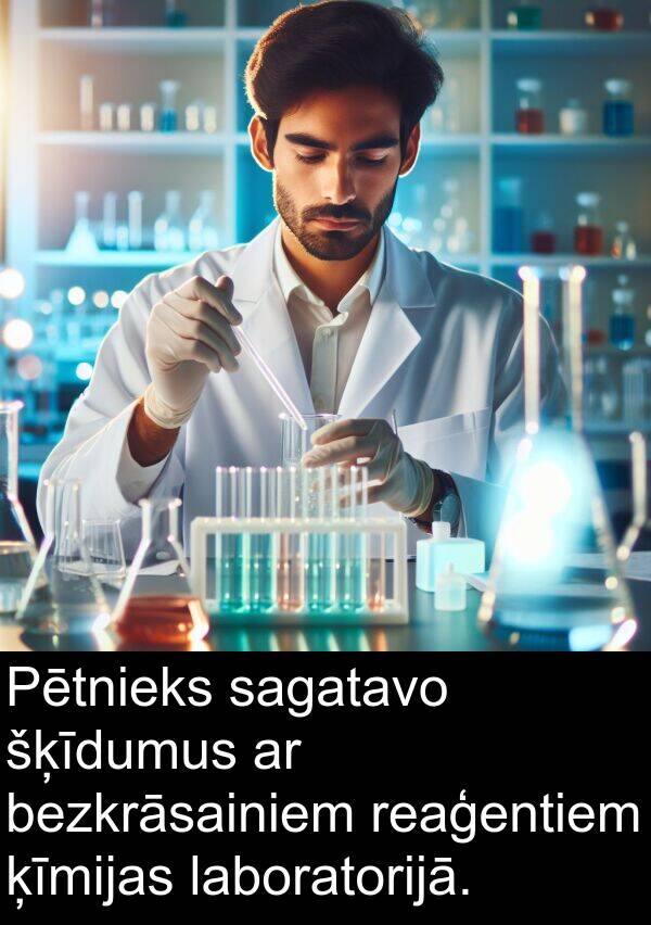 ķīmijas: Pētnieks sagatavo šķīdumus ar bezkrāsainiem reaģentiem ķīmijas laboratorijā.