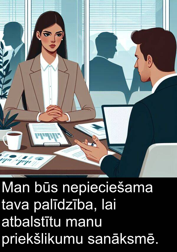 nepieciešama: Man būs nepieciešama tava palīdzība, lai atbalstītu manu priekšlikumu sanāksmē.