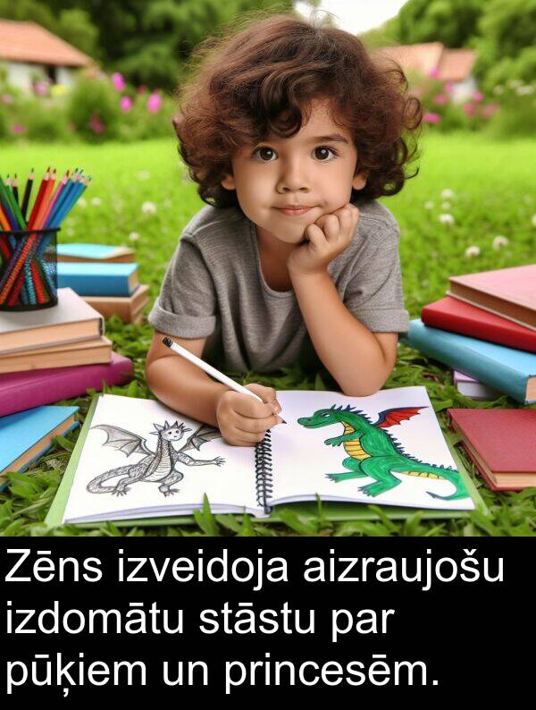 pūķiem: Zēns izveidoja aizraujošu izdomātu stāstu par pūķiem un princesēm.