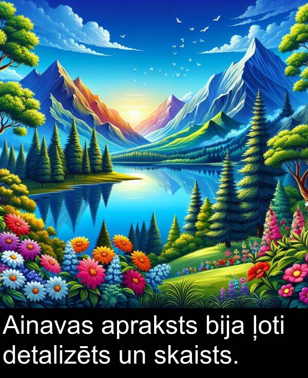 detalizēts: Ainavas apraksts bija ļoti detalizēts un skaists.