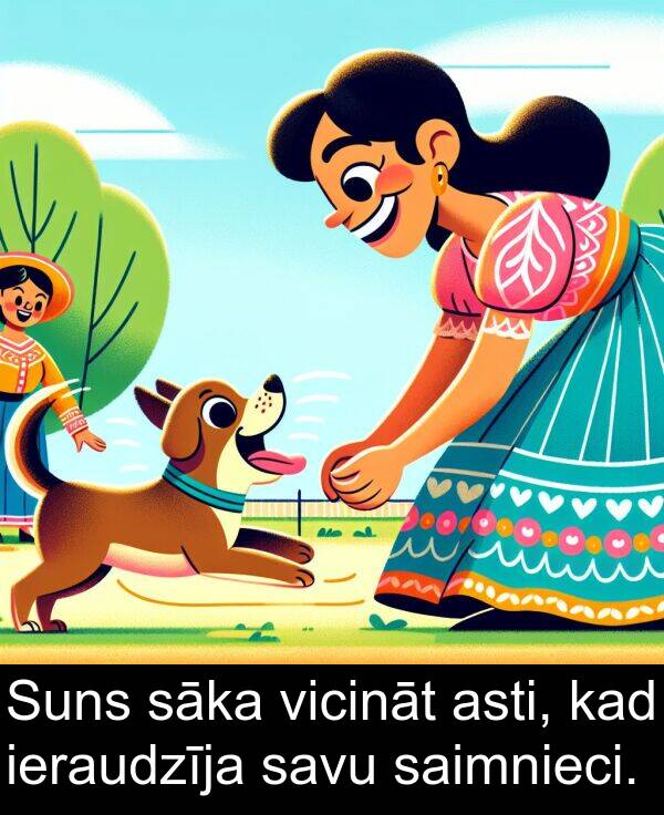 saimnieci: Suns sāka vicināt asti, kad ieraudzīja savu saimnieci.