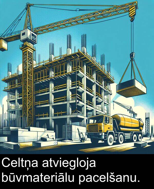 pacelšanu: Celtņa atviegloja būvmateriālu pacelšanu.