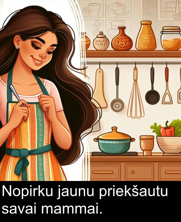 priekšautu: Nopirku jaunu priekšautu savai mammai.